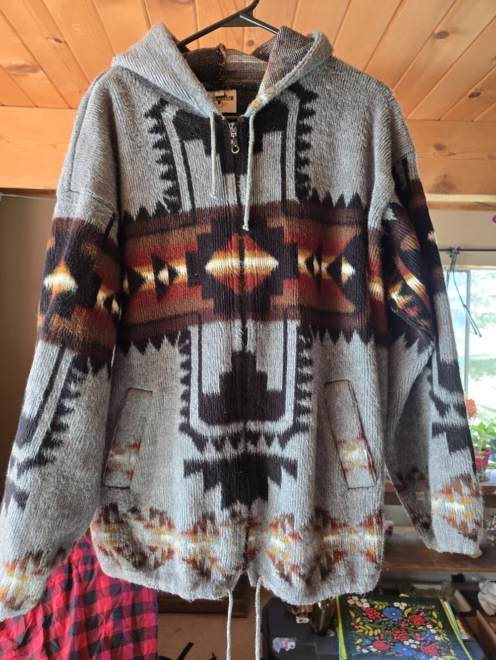 Earth Ragz Hooded Zip Sweater Jacket - Gray with Brown & Rust Aztec Pattern.